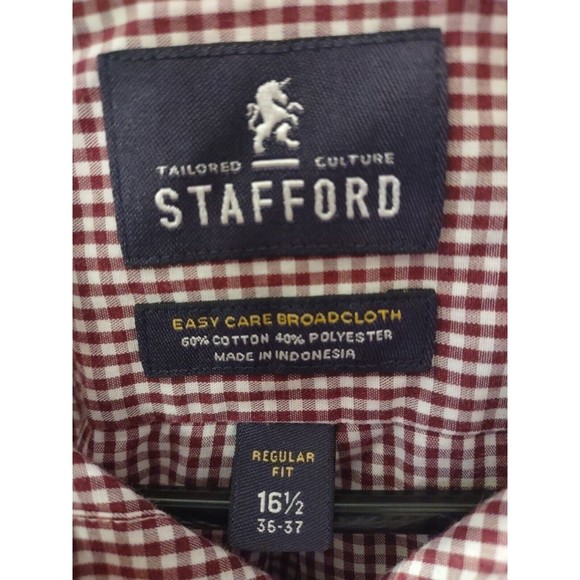Stafford Shirt Size 16 1/2 Regular Fit Burgundy And White Plaid Long Sleeve... - Picture 2 of 8